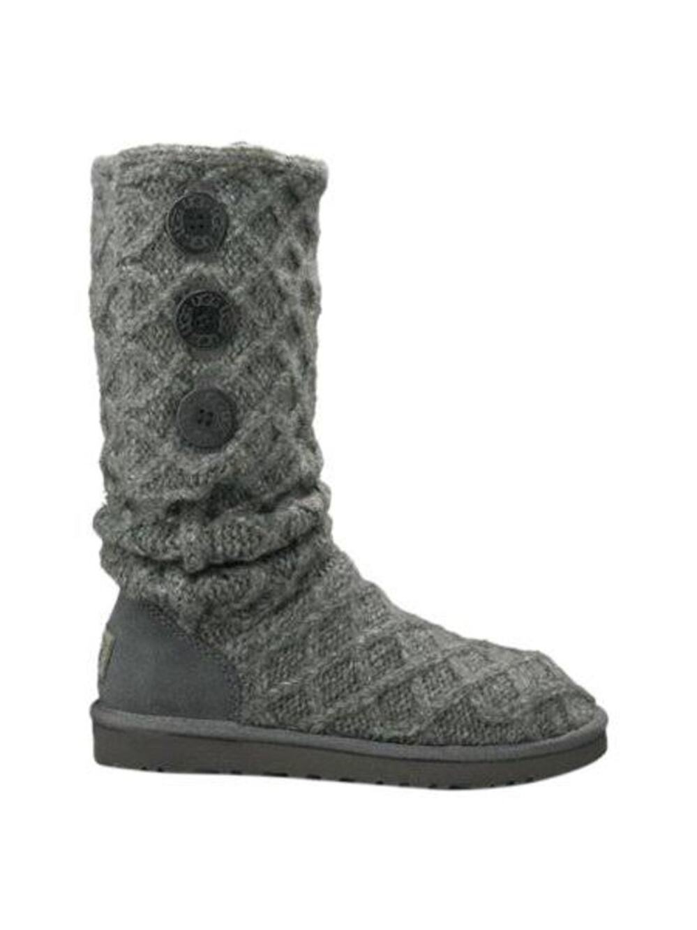Ugg Lattice Cardy Gray Knit Sweater Boots Button Side Slip On Tall Size 6